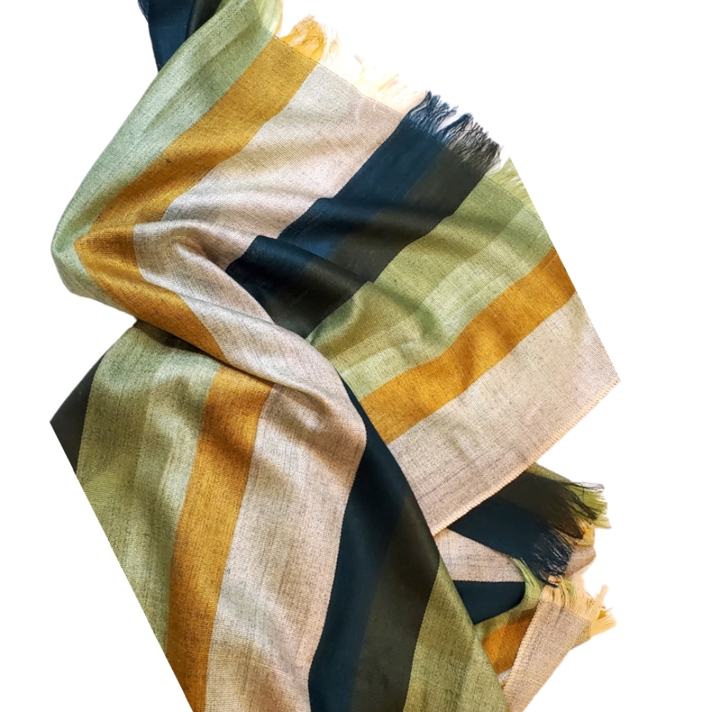 Emerald City Green and Yellow Subdued Tone Multicolored Striped Handwoven Scarf